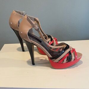 Material Girl Red and Tan Strappy Heels